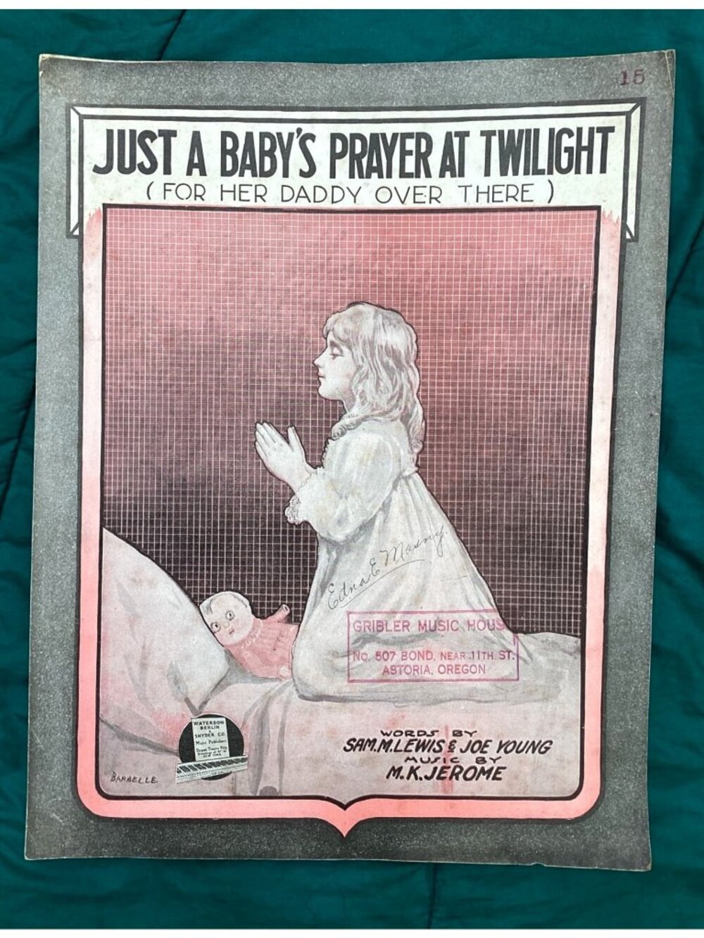 1918 Just a Baby’s Prayer at Twilight Sheet Music Astoria OR Stamp